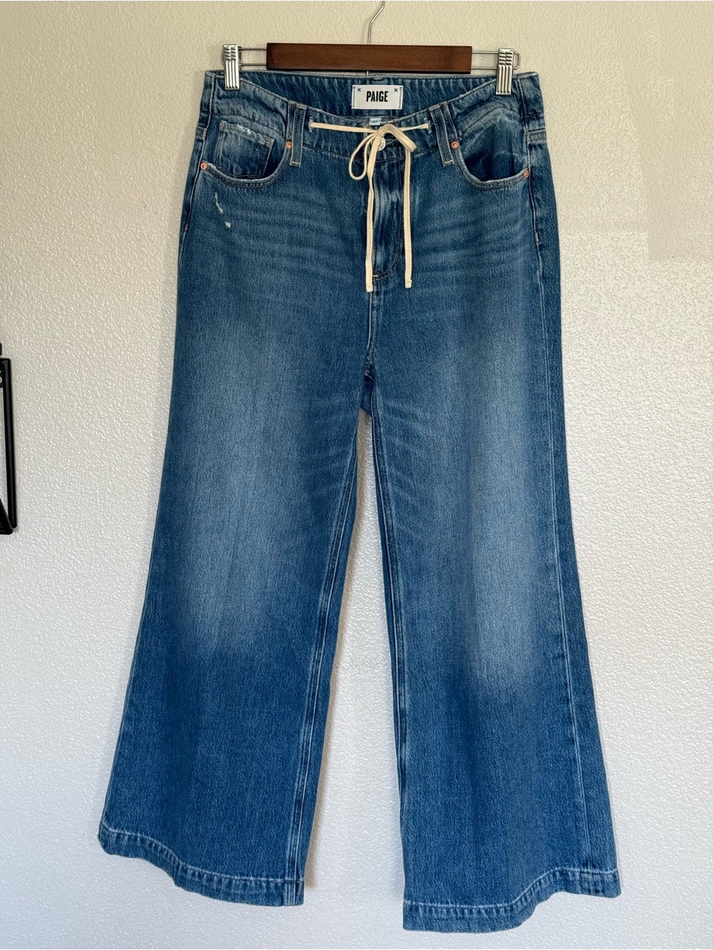 PAIGE Medium Blue Wide-Leg Drawstring Jeans